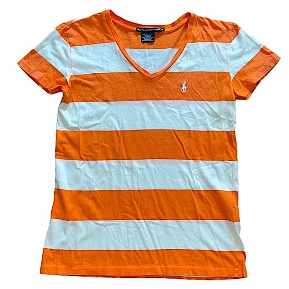 Ralph Lauren Orange & White Striped V-Neck Tee